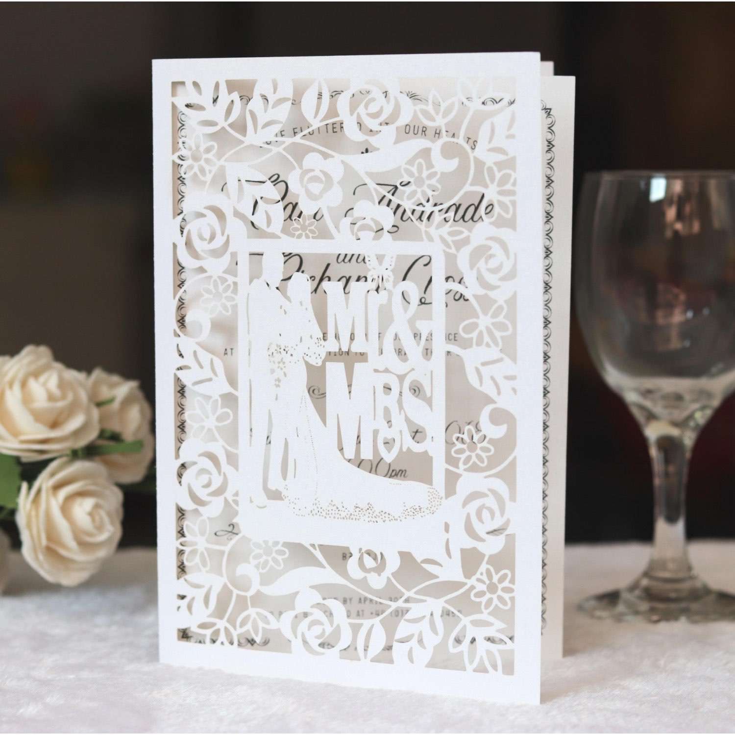 Marriage Invitation Card White Wedding Invitation Laser Rose Pattern